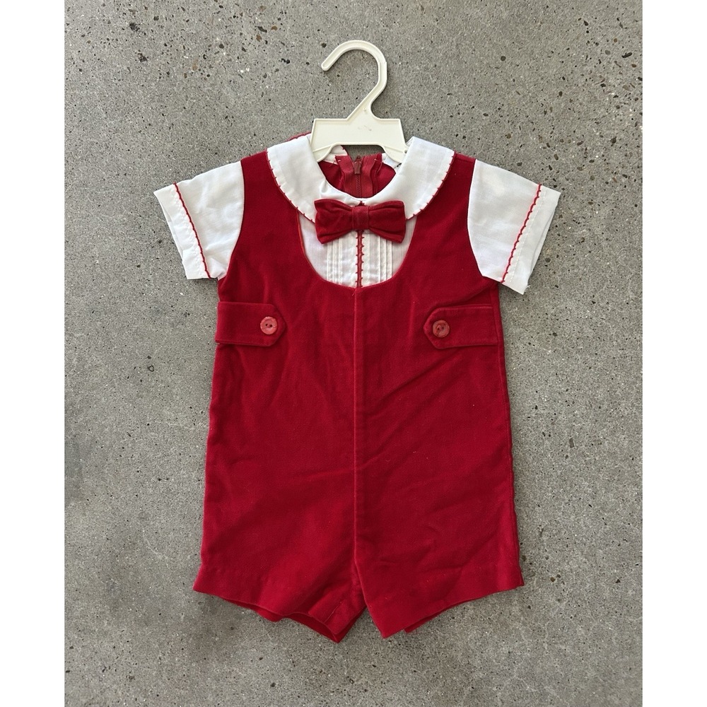 Vintage ALEXIS Velvet Short Sleeve Romper JonJon Bow‎ Tie Boy 6M Red White USA